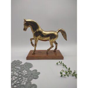 Vintage 1970s Trotting Horse Stallion Brass Figurine Statue on Wood Base